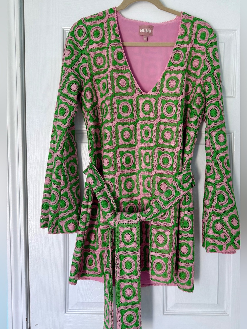 Show Me Your Mumu Treasure Mini Dress Pink Green Crochet Size M NWOT